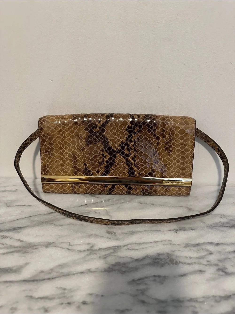Michael Kors Tilda Python Embossed Leather Clutch Shoulder Bag Snakeskin Tan